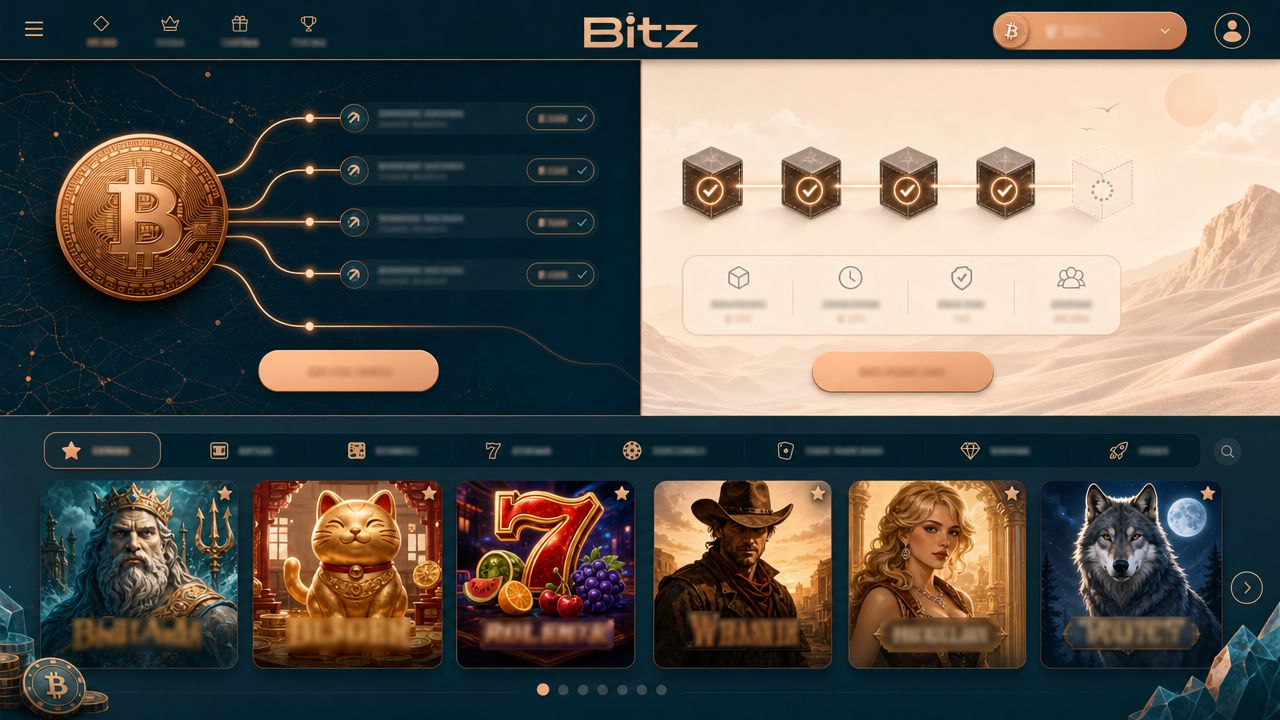 Bitz Bitcoin casino homepage with wallet icons, category tabs and slot game cards
