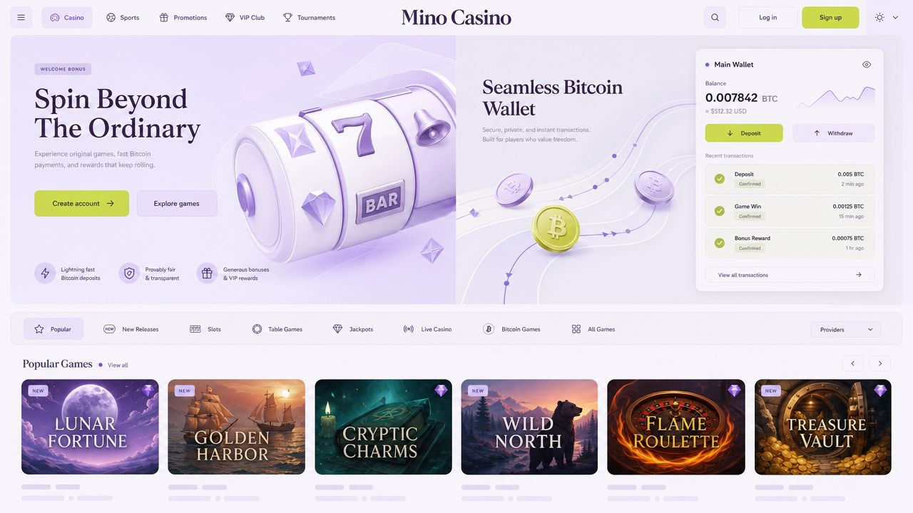 Mino Casino homepage with a Bitcoin wallet widget, game tabs and illustrated game tiles