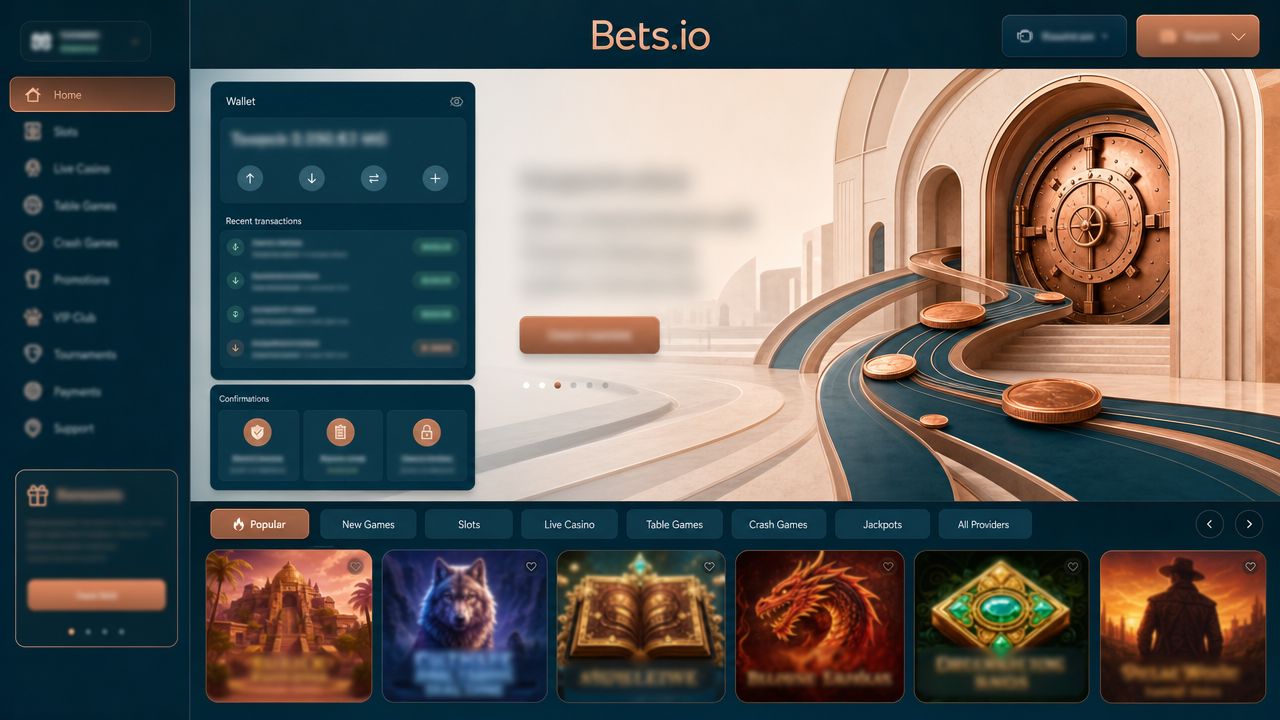 Bets.io Bitcoin casino homepage with wallet widget, category tabs and slot tiles