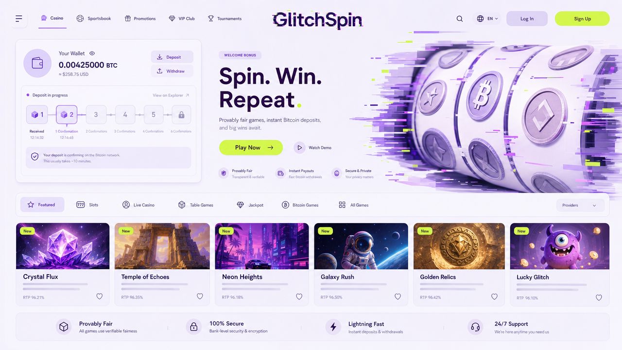 GlitchSpin Bitcoin casino homepage with slot reels and a wallet widget