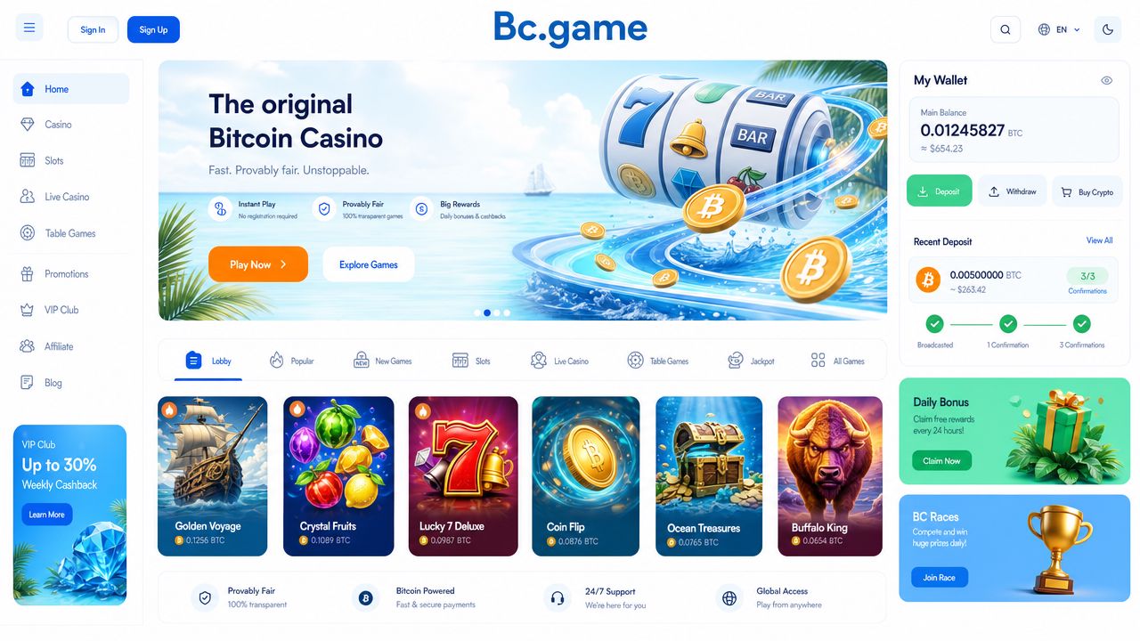 Bc.game casino homepage with game lobby, category tabs and wallet panel