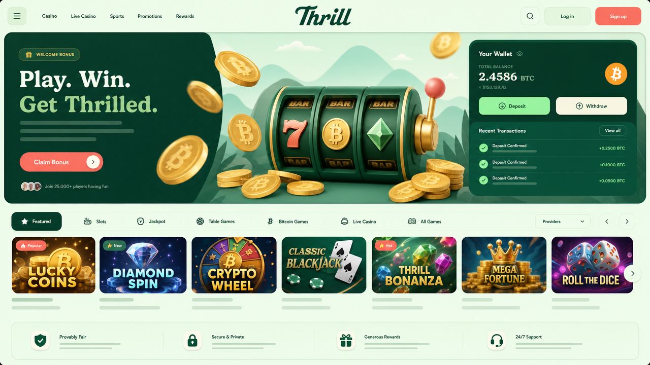 Thrill Bitcoin casino homepage with game tiles and a wallet widget
