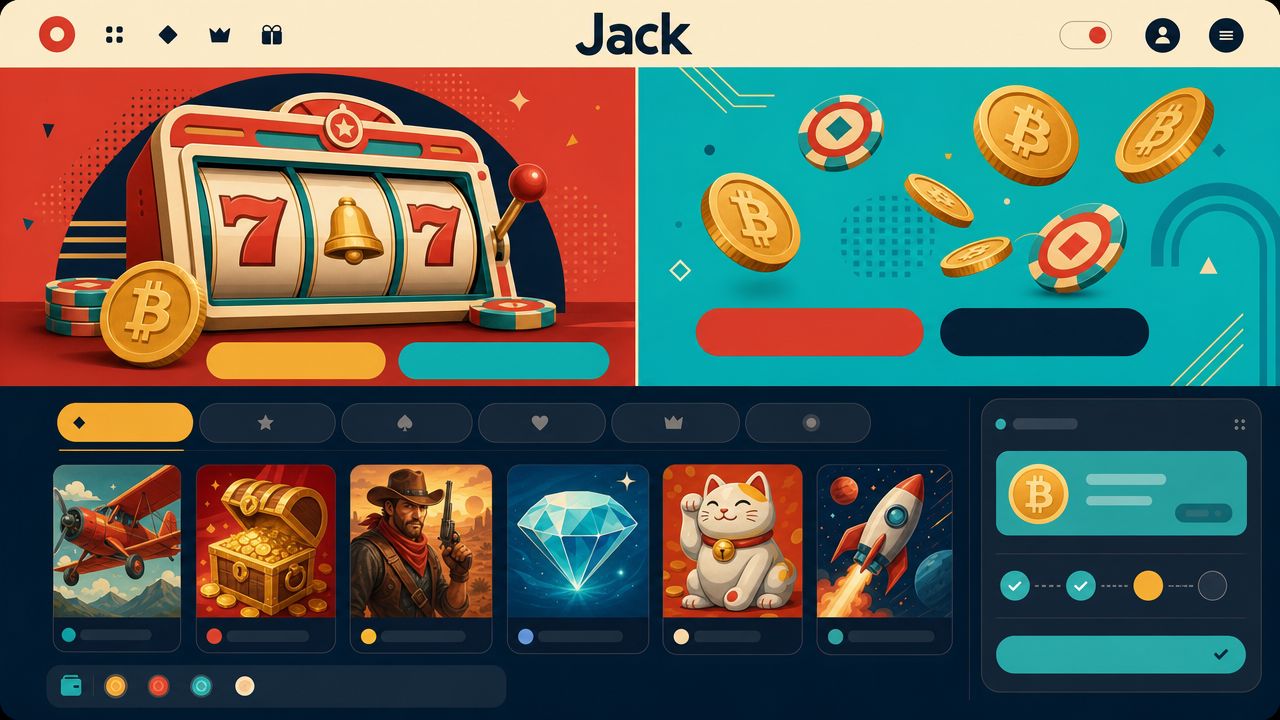 Illustrated Jack casino homepage with slot reels, game tiles and a wallet widget