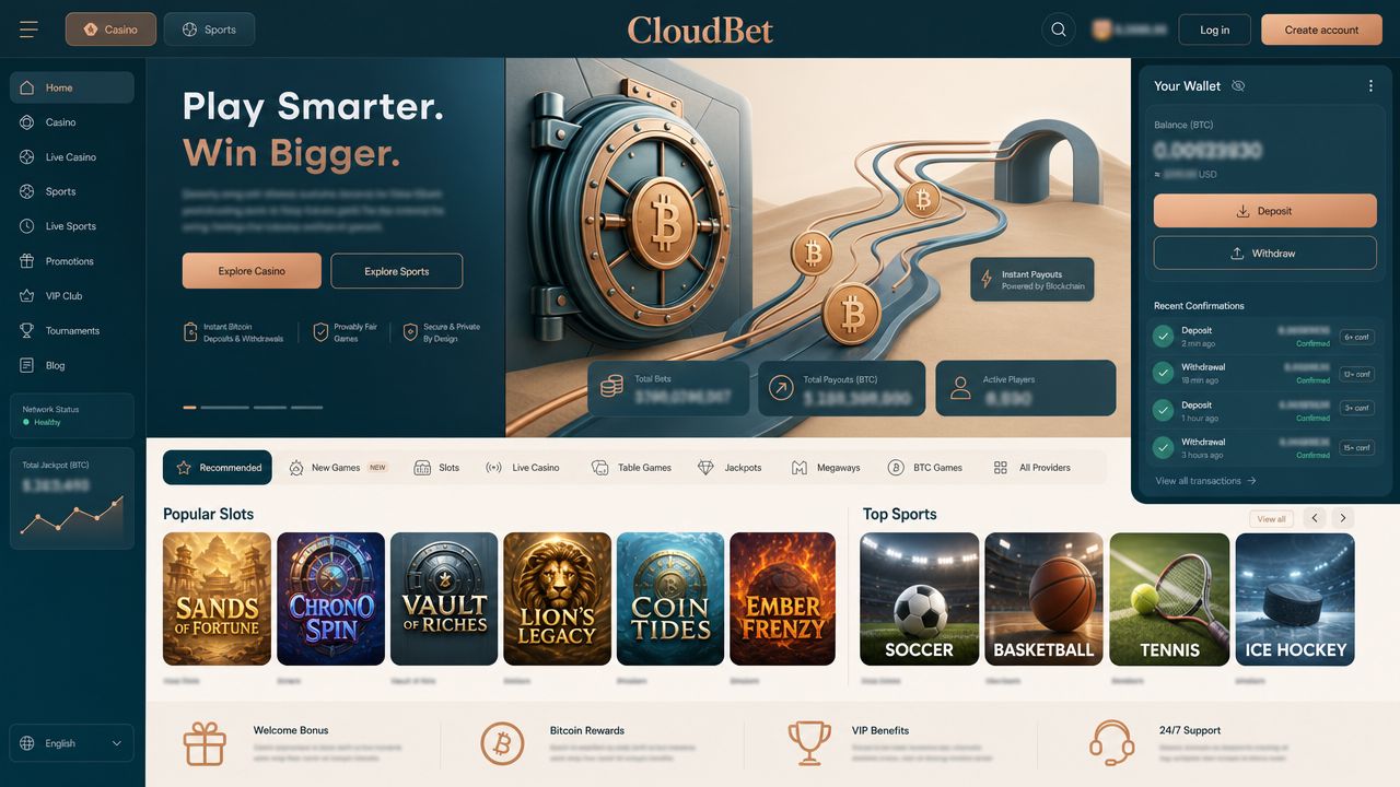 Cloudbet Bitcoin casino homepage screenshot
