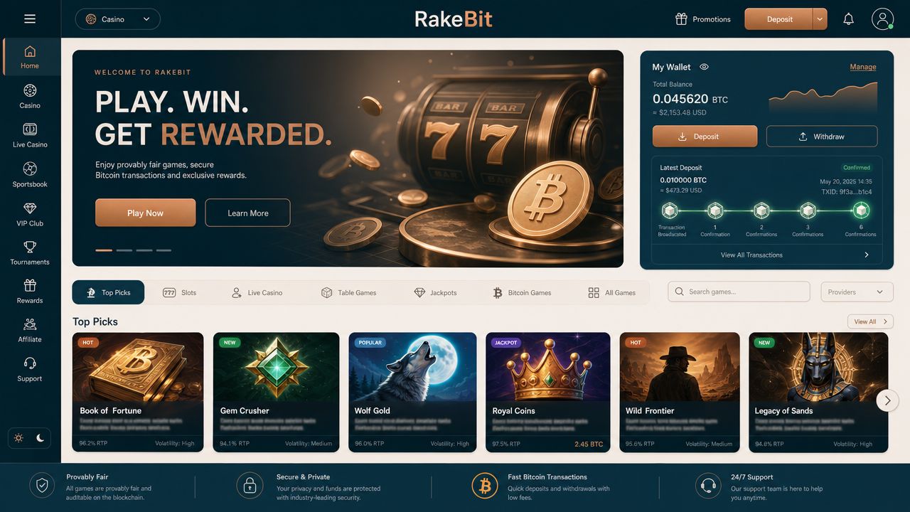 RakeBit Bitcoin casino homepage with wallet widget and game tiles